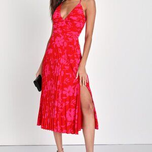 Lulus Vibrant Moment Red And Pink Floral Pleated Lace-up Midi Dress - Size M
